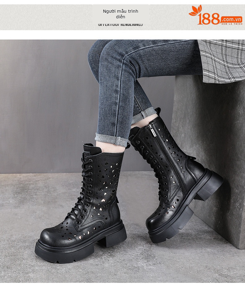 Boot Martin nữ cổ thấp da bò khóa kéo bên hông đế rỗng phong cách cổ điển — Màu nâu chi tiết 9