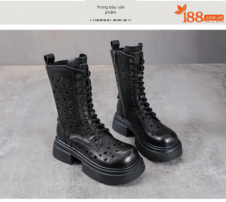 Boot Martin nữ cổ thấp da bò khóa kéo bên hông đế rỗng phong cách cổ điển — Màu nâu chi tiết 10
