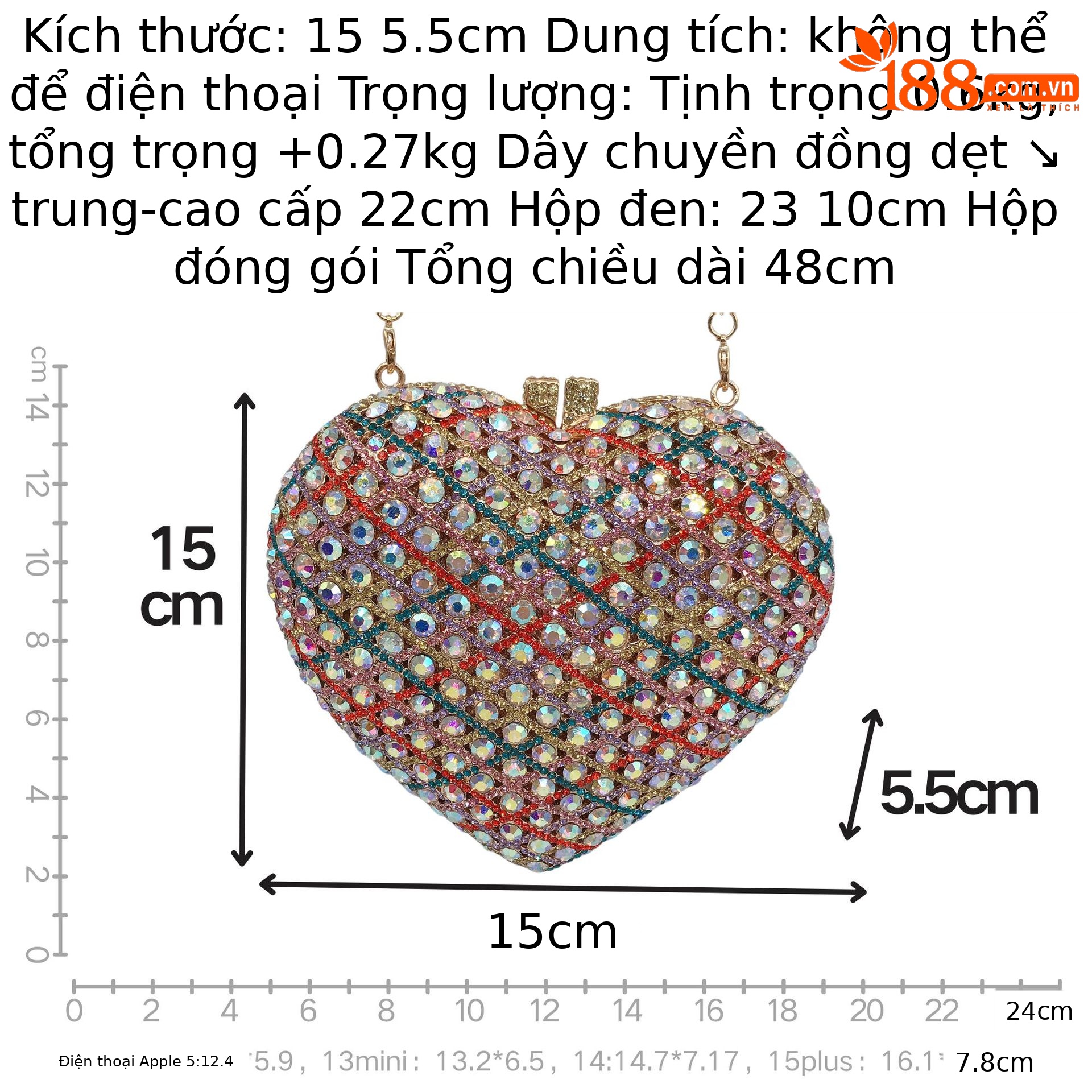 Túi clutch nữ đính đá hình trái tim dự tiệc sang trọng — Màu hồng, Màu bạc, Màu vàng kim, Bạc AB chi tiết 1