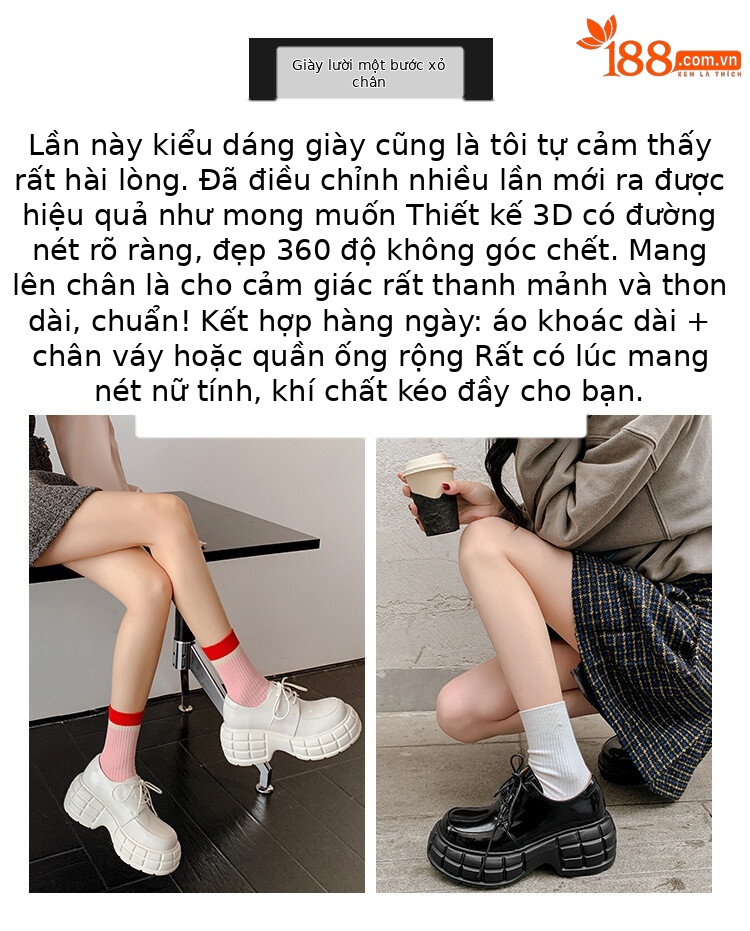 Giày lười nữ da bò phối dây buộc chéo đế xuồng platform phong cách Anh quốc — Màu Đen Hạt mở viền, Màu đen da bò mờ, Màu trắng chi tiết 27