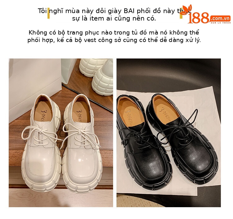 Giày lười nữ da bò phối dây buộc chéo đế xuồng platform phong cách Anh quốc — Màu Đen Hạt mở viền, Màu đen da bò mờ, Màu trắng chi tiết 28