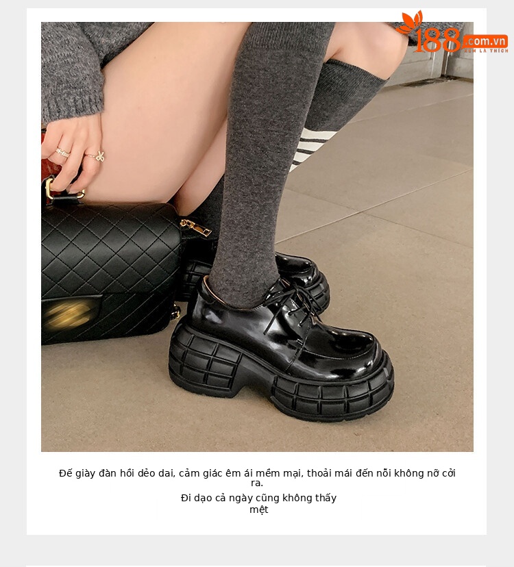 Giày lười nữ da bò phối dây buộc chéo đế xuồng platform phong cách Anh quốc — Màu Đen Hạt mở viền, Màu đen da bò mờ, Màu trắng chi tiết 30