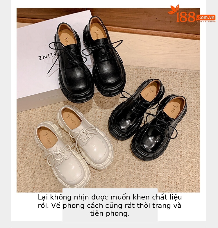 Giày lười nữ da bò phối dây buộc chéo đế xuồng platform phong cách Anh quốc — Màu Đen Hạt mở viền, Màu đen da bò mờ, Màu trắng chi tiết 31