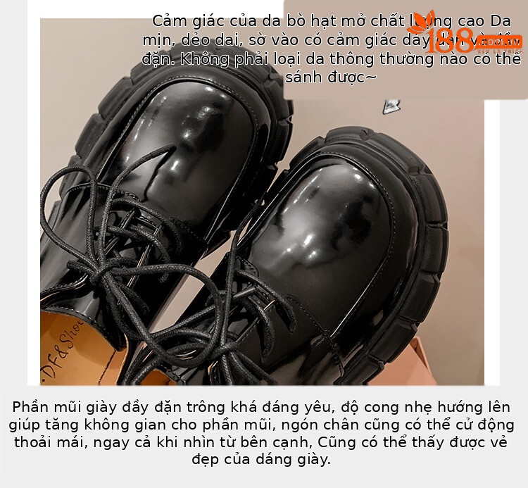 Giày lười nữ da bò phối dây buộc chéo đế xuồng platform phong cách Anh quốc — Màu Đen Hạt mở viền, Màu đen da bò mờ, Màu trắng chi tiết 34