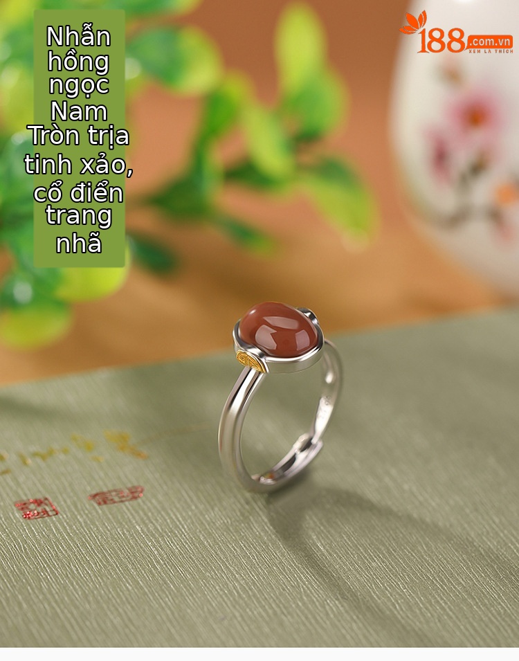 Nhẫn nữ bạc S925 mạ vàng đỏ hình tròn may mắn phong cách Trung Quốc cổ điển — Mở một size chi tiết 1