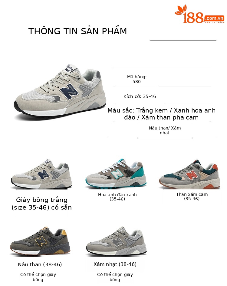 Giày thể thao nam Balance Cool Running NB580 dáng chạy bộ thoáng khí — Trắng be 580 chi tiết 5