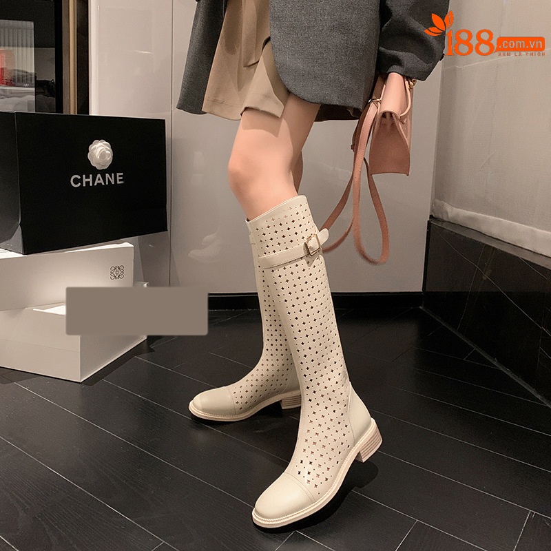 Boot nữ cổ cao rỗng dạng lưới, phong cách hè, ống cao thoáng khí — Màu đen chi tiết 1