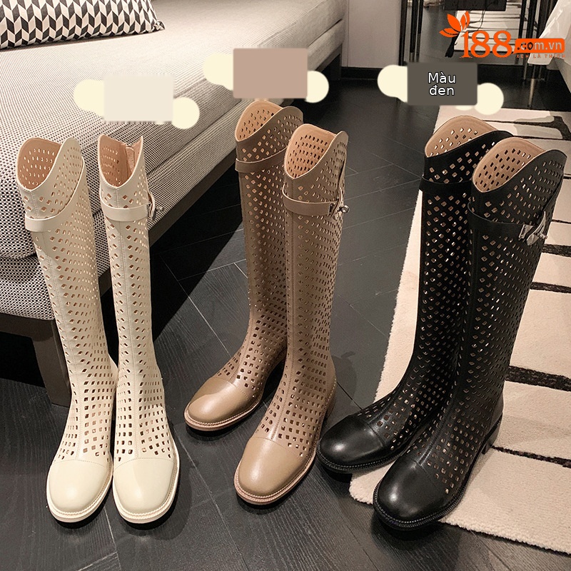 Boot nữ cổ cao lỗ rỗng dây thắt lưng khóa — Màu đen chi tiết 6