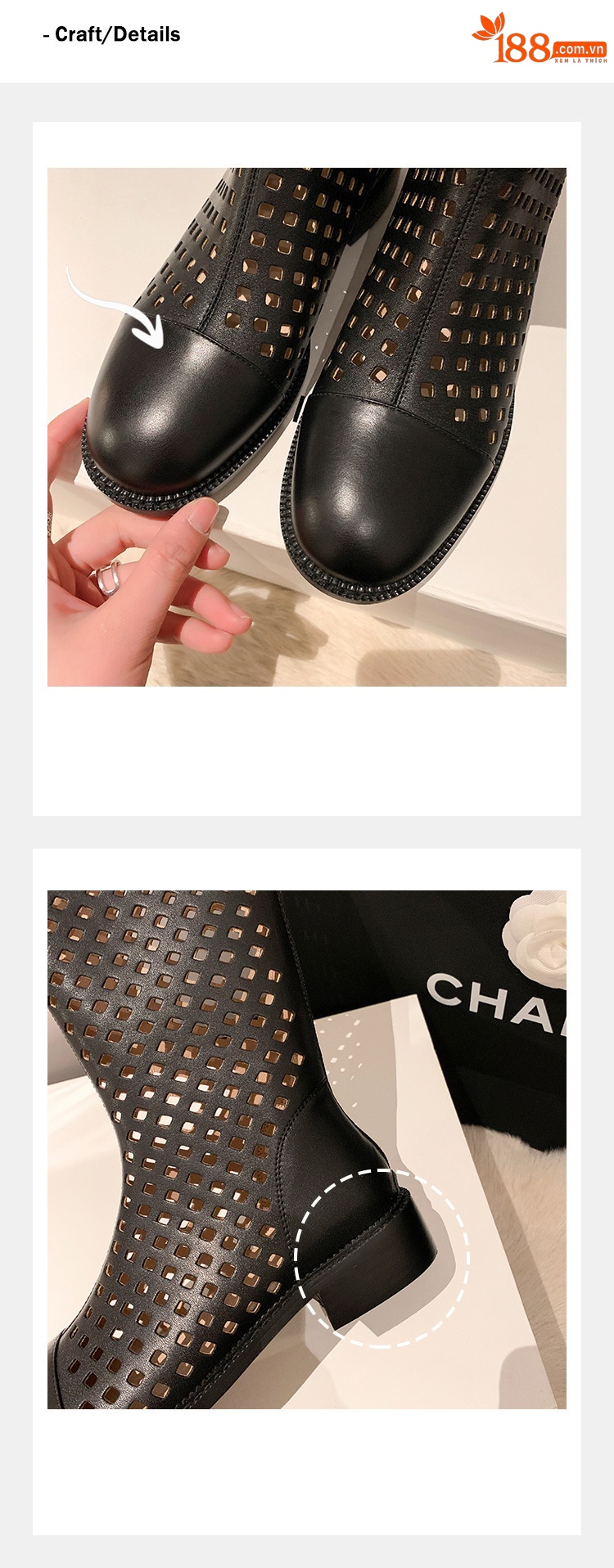 Boot nữ cổ cao lỗ rỗng dây thắt lưng khóa — Màu đen chi tiết 7