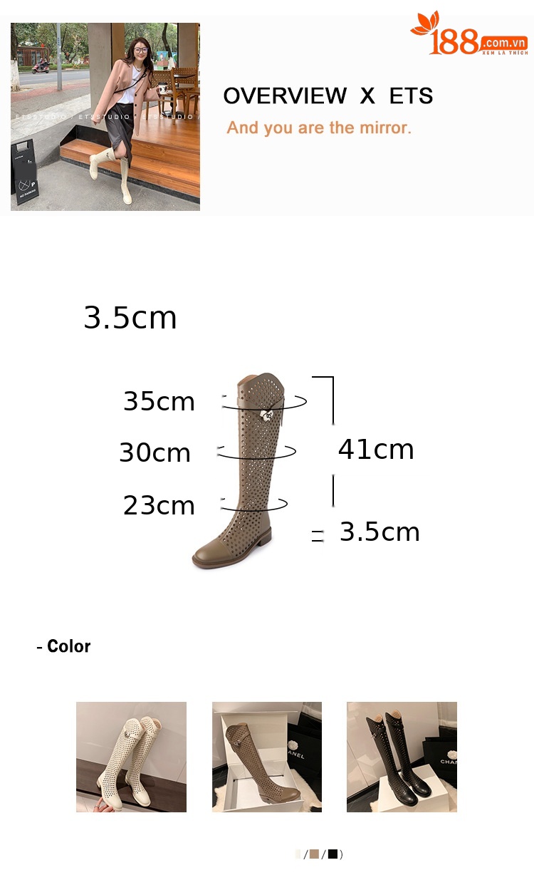 Boot nữ cổ cao lỗ rỗng dây thắt lưng khóa — Màu đen chi tiết 5
