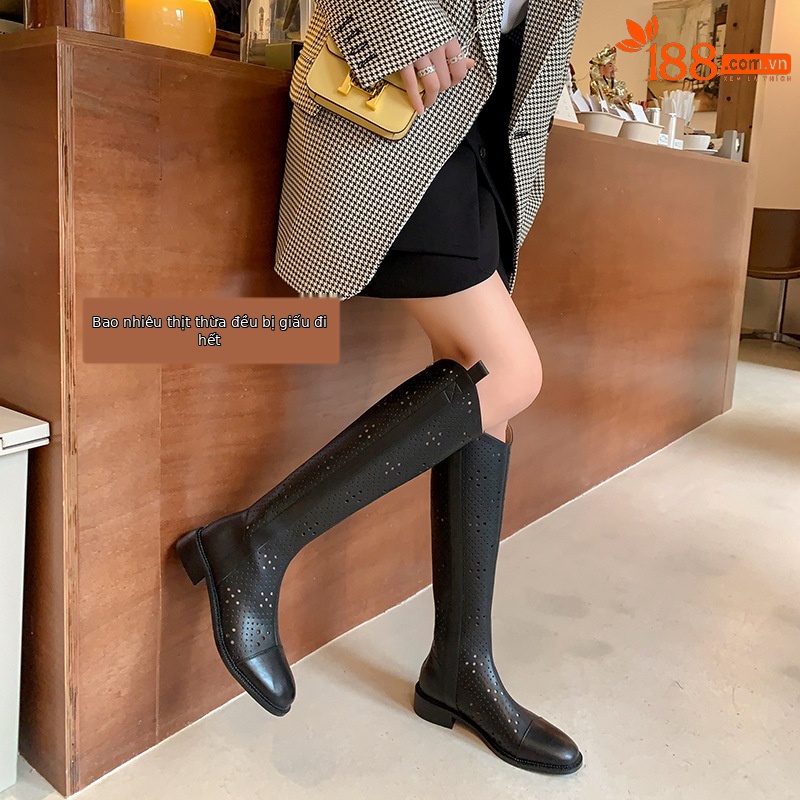 Boot nữ cổ cao rỗng dạng lưới, phong cách thể thao, ống cao thoáng khí — Màu đen chi tiết 1