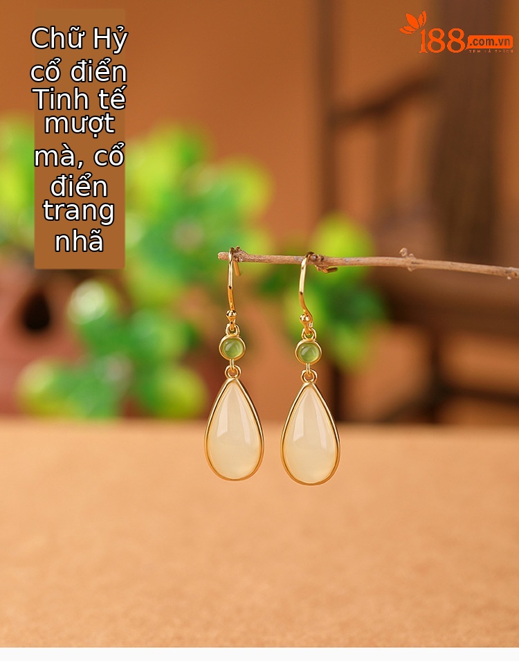 Bông tai móc bạc S925 mạ vàng hình nai, mặt ngọc bích phong cách retro giọt nước chữ Hỷ — Kiểu màu bạc chi tiết 2