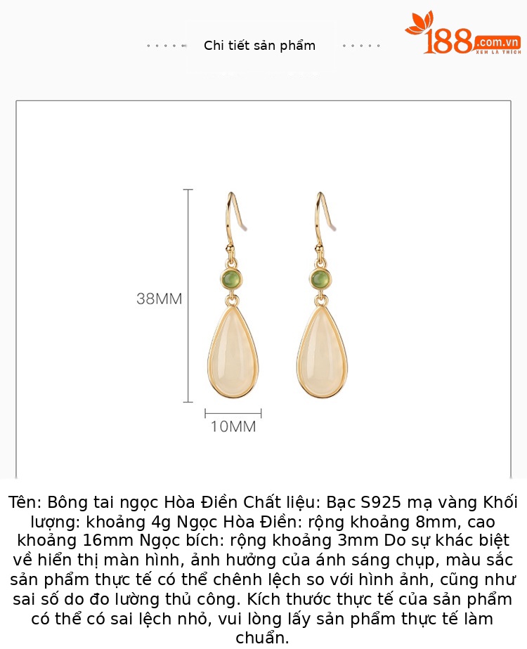 Bông tai móc bạc S925 mạ vàng hình nai, mặt ngọc bích phong cách retro giọt nước chữ Hỷ — Kiểu màu bạc chi tiết 3