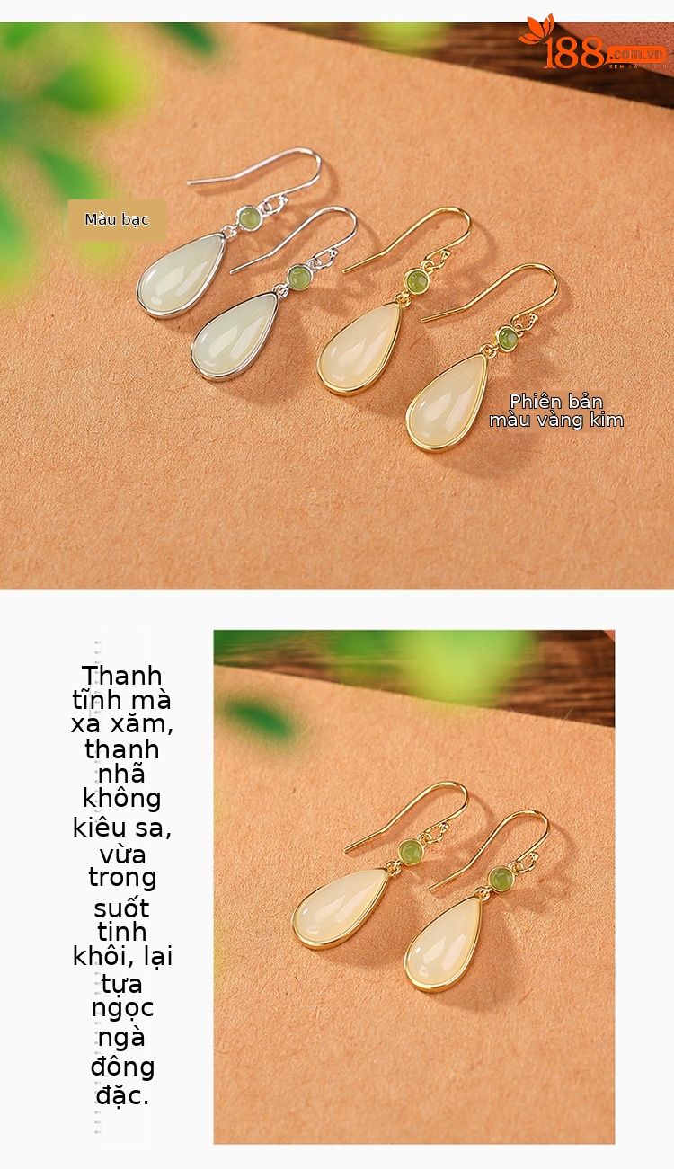 Bông tai móc bạc S925 mạ vàng hình nai, mặt ngọc bích phong cách retro giọt nước chữ Hỷ — Kiểu màu bạc chi tiết 4