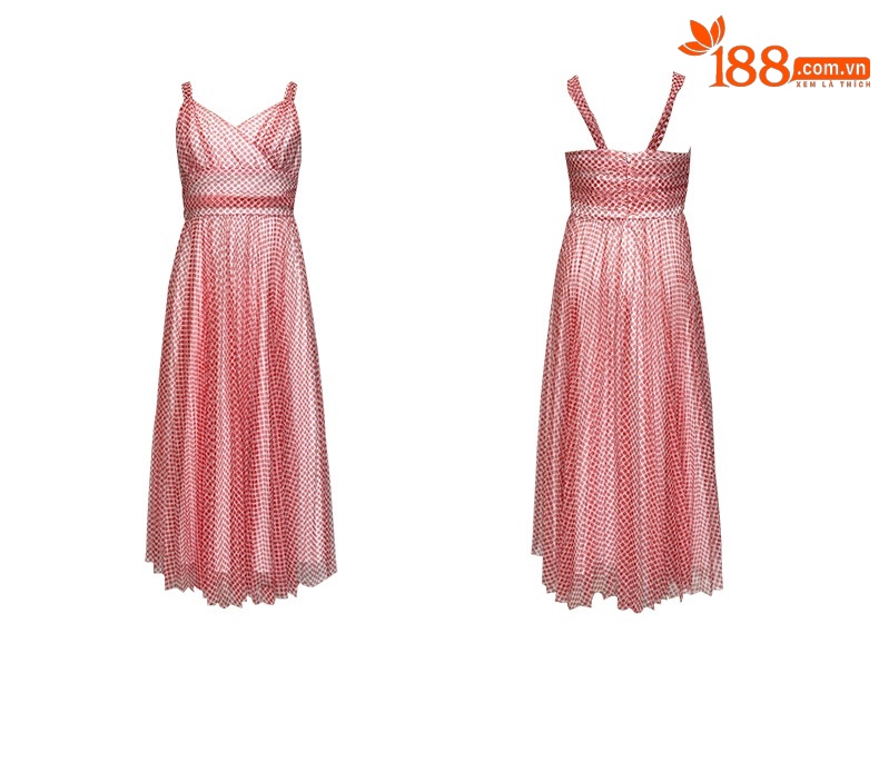 Váy maxi cổ chữ V chấm bi lưới xếp ly cạp cao tay địu — Màu đỏ chi tiết 4
