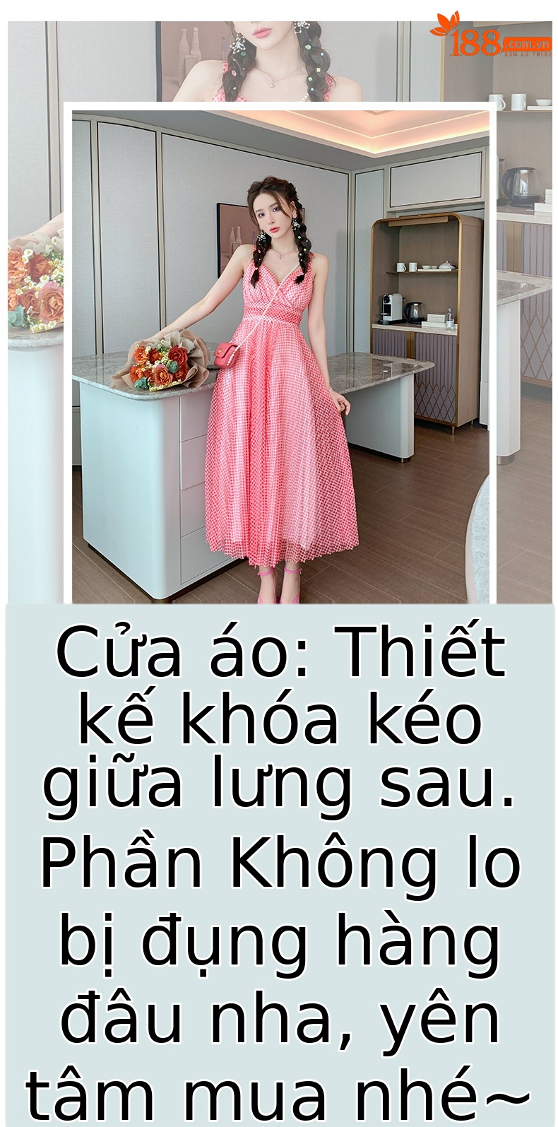Váy maxi cổ chữ V chấm bi lưới xếp ly cạp cao tay địu — Màu đỏ chi tiết 1