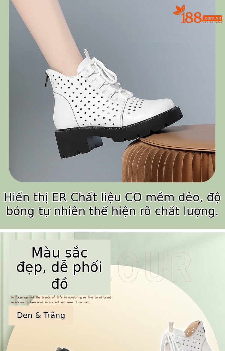 Boot Martin lỗ hở đế dày da thật cho nữ, cổ thấp thoáng khí, gót giữa thời trang — Màu be chi tiết 3
