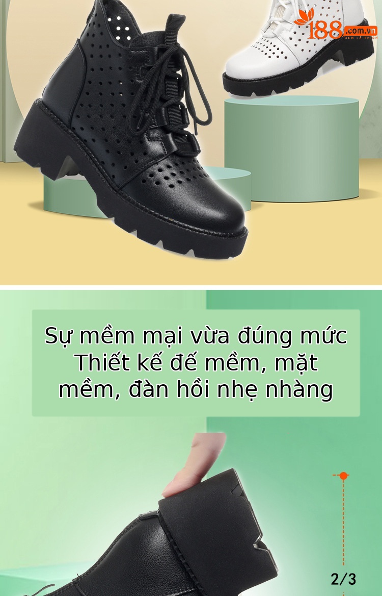 Boot Martin lỗ hở đế dày da thật cho nữ, cổ thấp thoáng khí, gót giữa thời trang — Màu be chi tiết 4