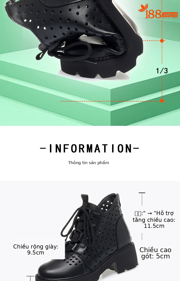 Boot Martin lỗ hở đế dày da thật cho nữ, cổ thấp thoáng khí, gót giữa thời trang — Màu be chi tiết 5