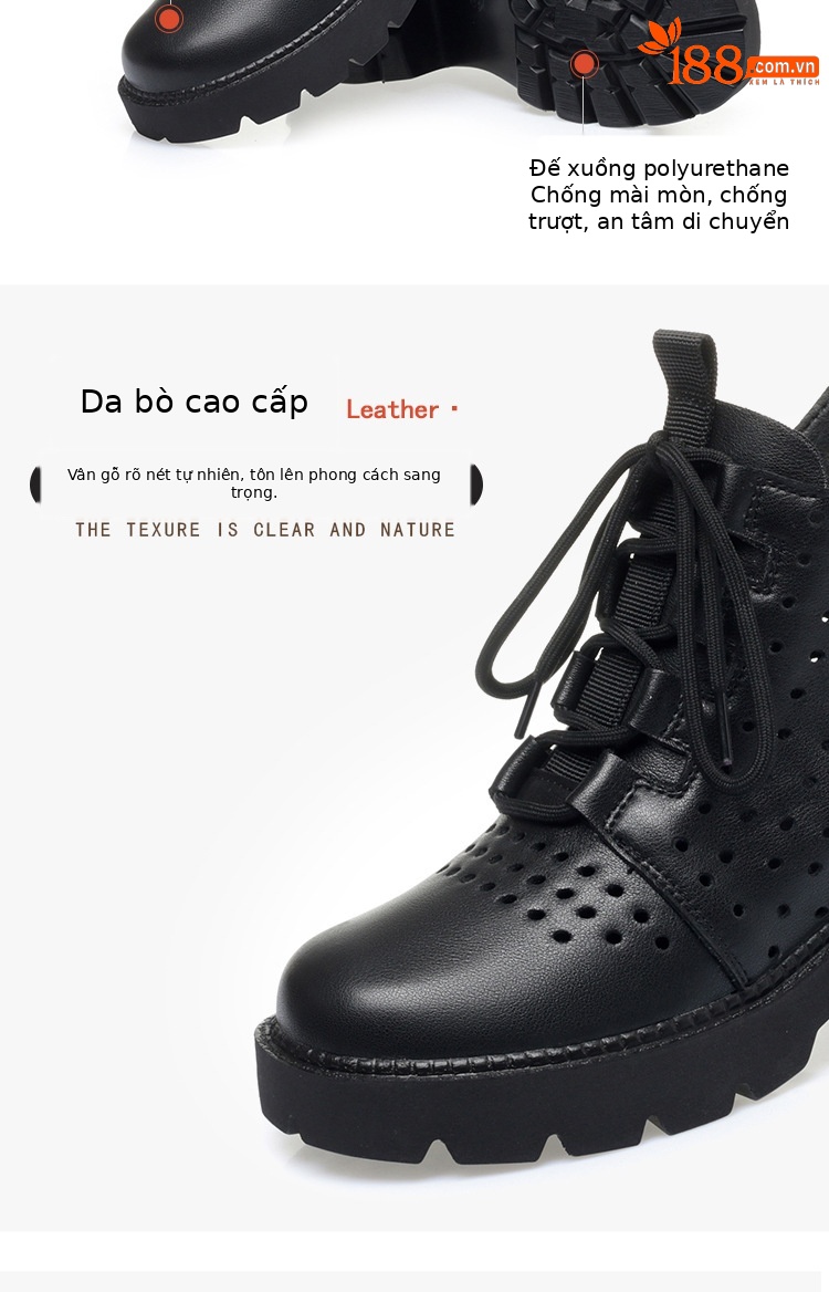 Boot Martin lỗ hở đế dày da thật cho nữ, cổ thấp thoáng khí, gót giữa thời trang — Màu be chi tiết 6