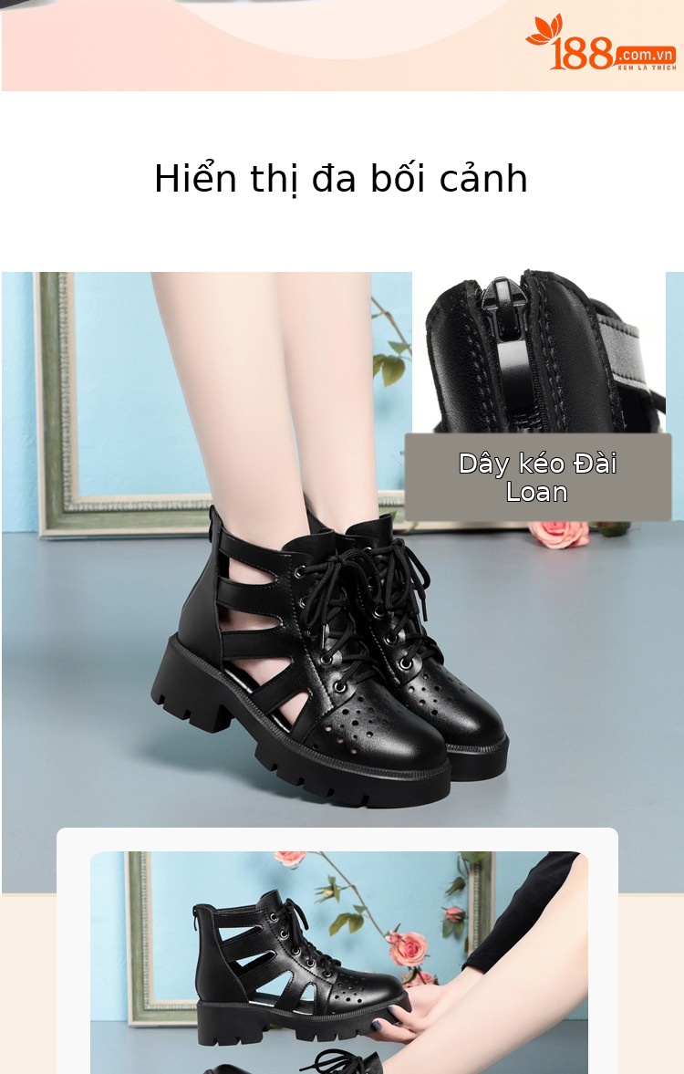 Boot Martin đục lỗ da thật cổ thấp gót thô đế dày — Màu be chi tiết 8