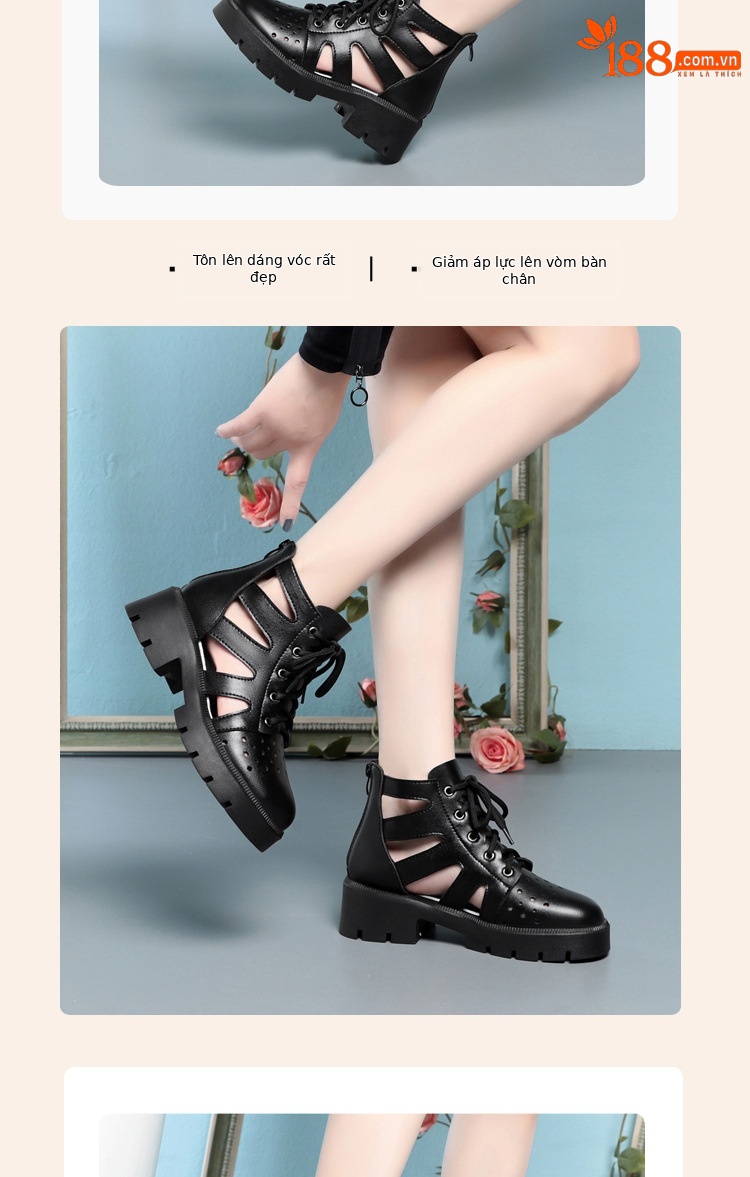 Boot Martin đục lỗ da thật cổ thấp gót thô đế dày — Màu be chi tiết 9