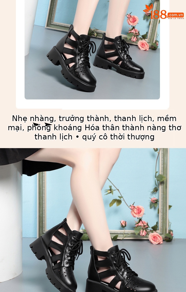 Boot Martin đục lỗ da thật cổ thấp gót thô đế dày — Màu be chi tiết 10