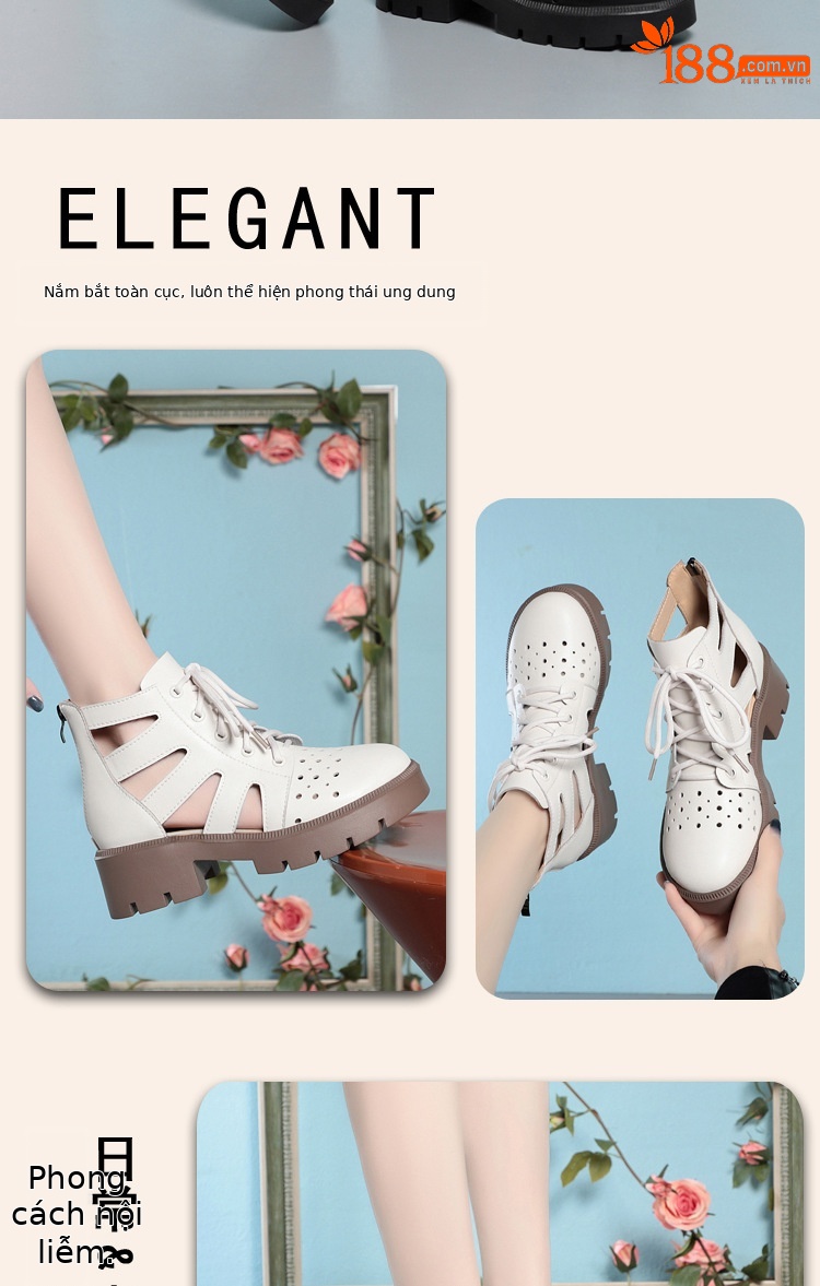 Boot Martin đục lỗ da thật cổ thấp gót thô đế dày — Màu be chi tiết 11