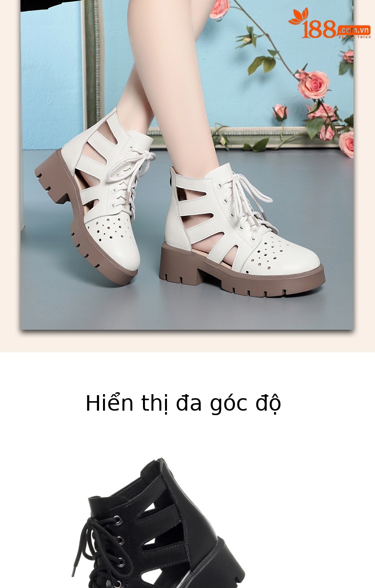 Boot Martin đục lỗ da thật cổ thấp gót thô đế dày — Màu be chi tiết 13