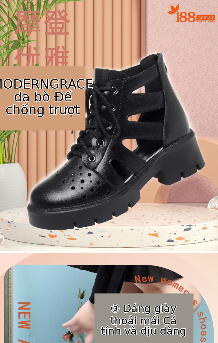 Boot Martin đục lỗ da thật cổ thấp gót thô đế dày — Màu be chi tiết 1