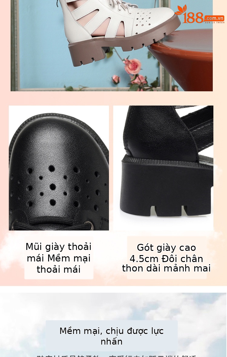 Boot Martin đục lỗ da thật cổ thấp gót thô đế dày — Màu be chi tiết 3