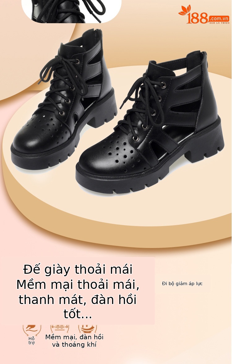 Boot Martin đục lỗ da thật cổ thấp gót thô đế dày — Màu be chi tiết 5