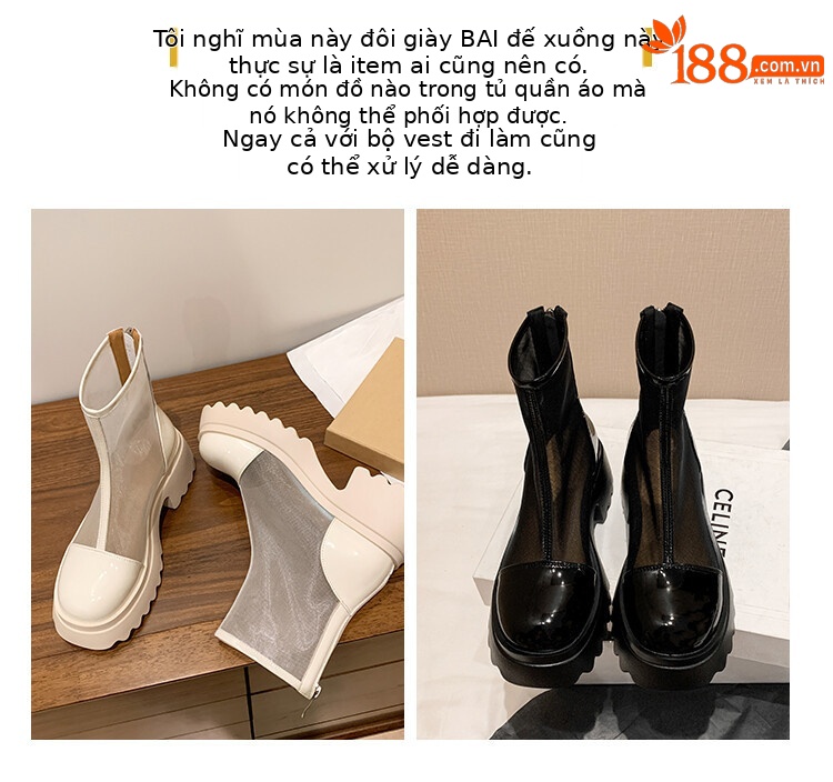 Boot ngắn nữ da thật vải lưới cao gót 6cm mùa hè phong cách Anh thoáng khí — Màu đen, Trắng be chi tiết 29