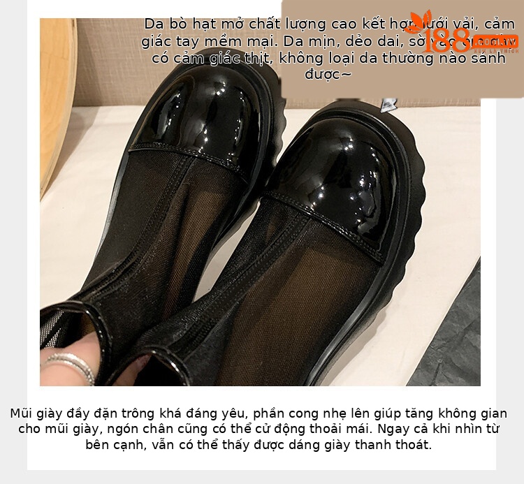 Boot ngắn nữ da thật vải lưới cao gót 6cm mùa hè phong cách Anh thoáng khí — Màu đen, Trắng be chi tiết 34
