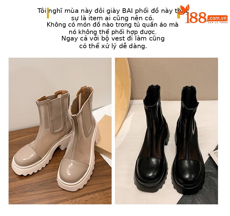 Boot ngắn nữ da bò mũi tròn đế dày thoáng khí khóa kéo sau — Màu đen, Màu mơ chi tiết 29