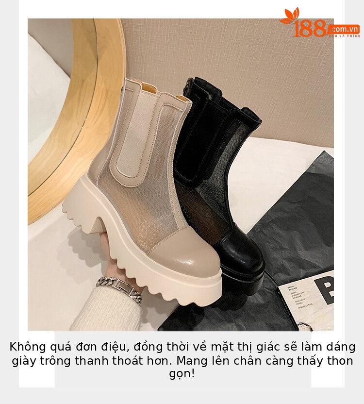Boot ngắn nữ da bò mũi tròn đế dày thoáng khí khóa kéo sau — Màu đen, Màu mơ chi tiết 32