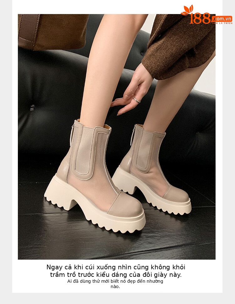 Boot ngắn nữ da bò mũi tròn đế dày thoáng khí khóa kéo sau — Màu đen, Màu mơ chi tiết 33