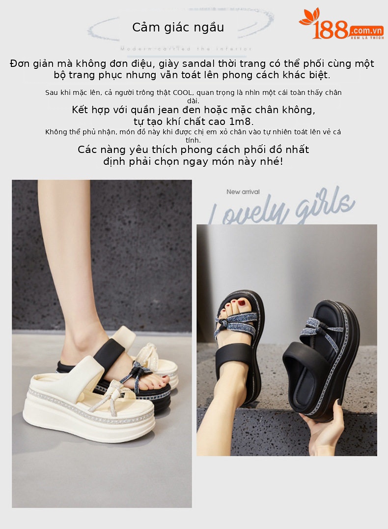 Dép sandal nữ đế dày platform phong cách La Mã, mũi tròn, quai chữ V đơn giản — Đen, Len nguyên chất chi tiết 3