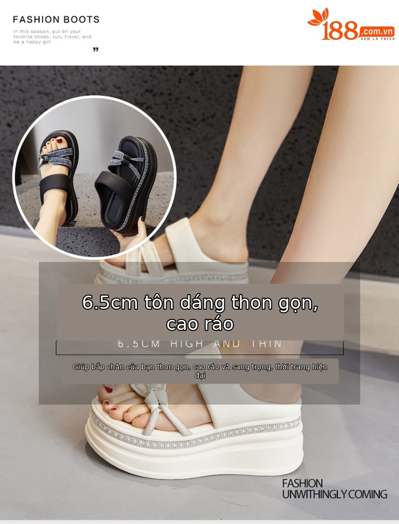 Dép sandal nữ đế dày platform phong cách La Mã, mũi tròn, quai chữ V đơn giản — Đen, Len nguyên chất chi tiết 8