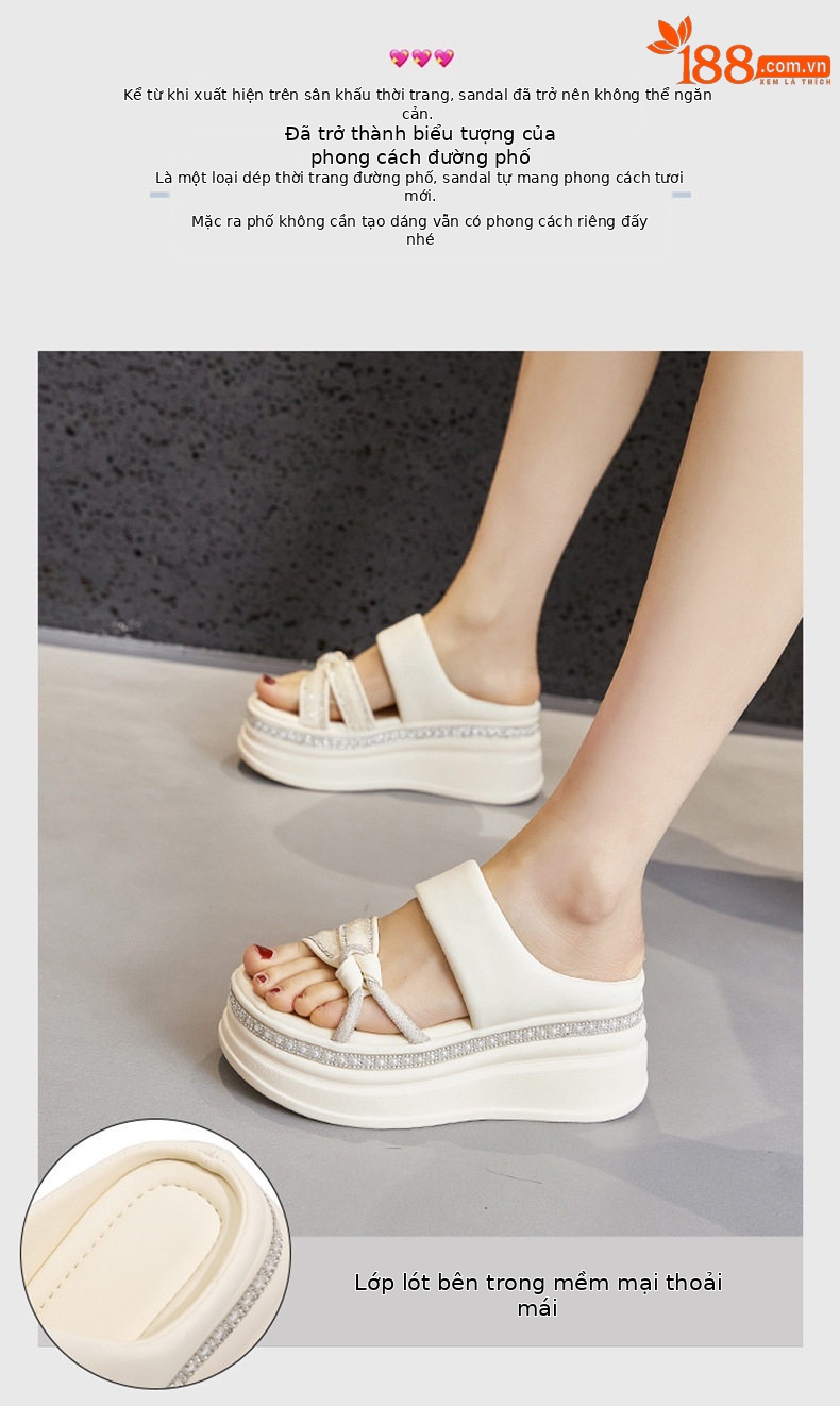 Dép sandal nữ đế dày platform phong cách La Mã, mũi tròn, quai chữ V đơn giản — Đen, Len nguyên chất chi tiết 4