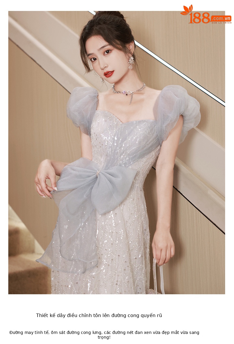 Đầm dạ hội cao cấp nữ thiết kế sang trọng, phù hợp sinh nhật, đám cưới, dẫn chương trình — Màu xanh lam chi tiết 10