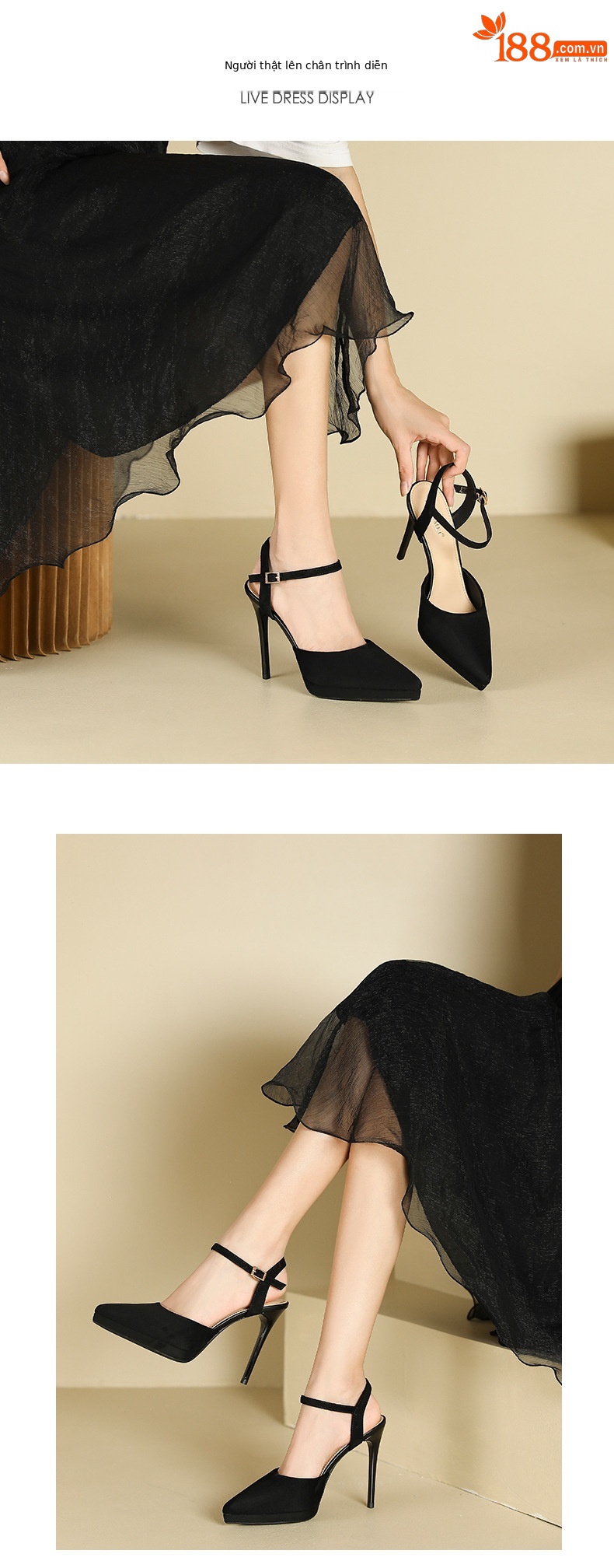 Sandal cao gót nữ mũi nhọn hở mũi, gót 8 cm, chất liệu nhũng đen — Nhung đen 8cm chi tiết 4