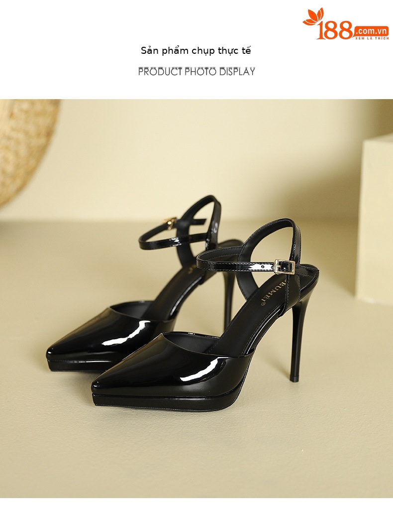 Sandal cao gót nữ mũi nhọn hở mũi, gót 8 cm, chất liệu nhũng đen — Nhung đen 8cm chi tiết 10