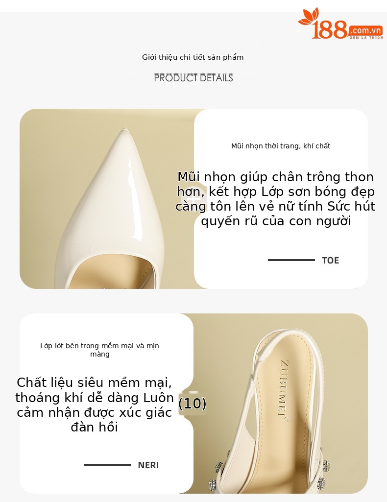 Sandal cao gót nữ mũi nhọn đính đá rhinestone, gót nhọn, quai cao, phong cách rỗng sau — Trắng be chi tiết 2