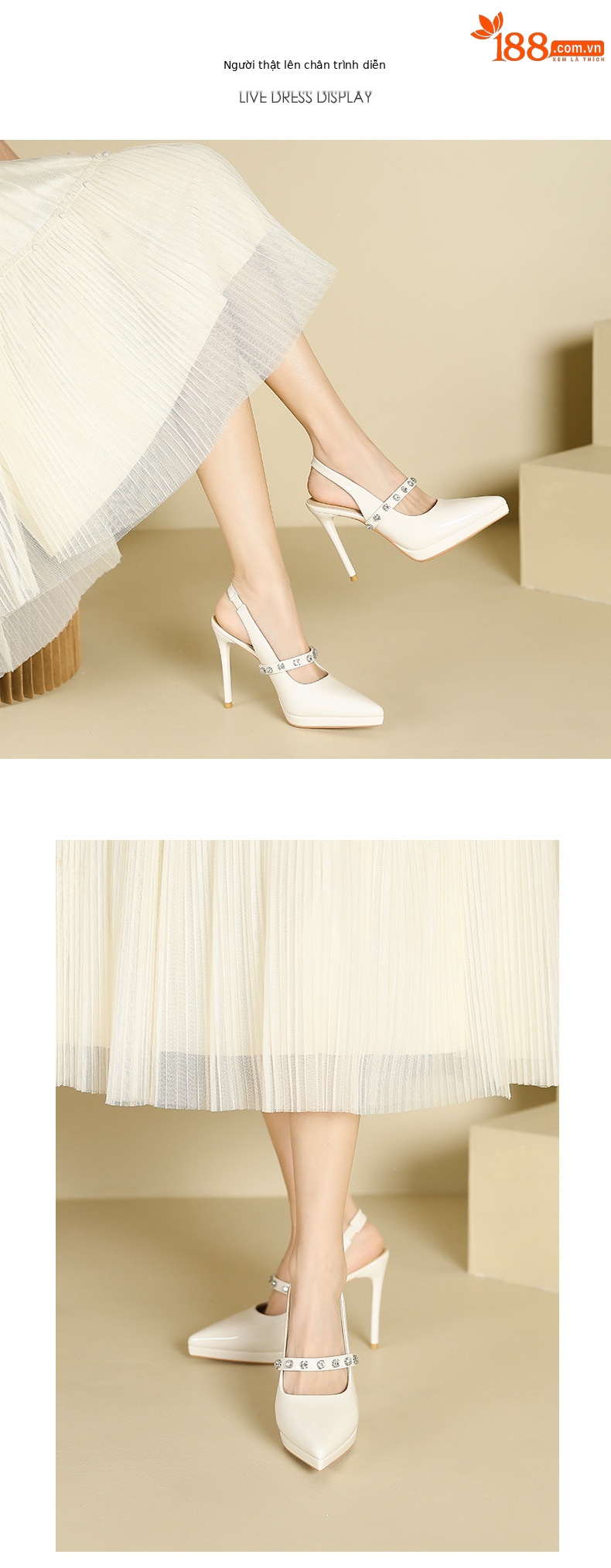 Sandal cao gót nữ mũi nhọn đính đá rhinestone, gót nhọn, quai cao, phong cách rỗng sau — Trắng be chi tiết 4
