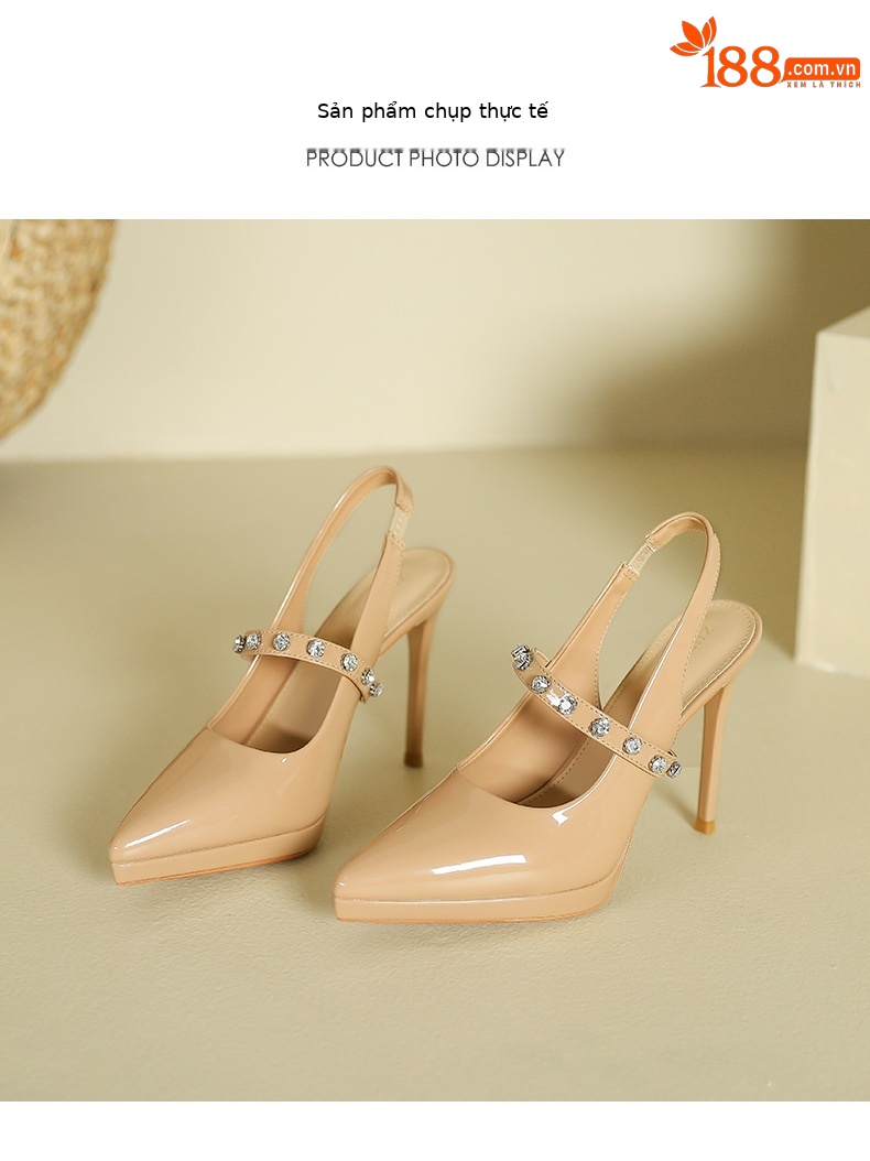 Sandal cao gót nữ mũi nhọn đính đá rhinestone, gót nhọn, quai cao, phong cách rỗng sau — Trắng be chi tiết 8