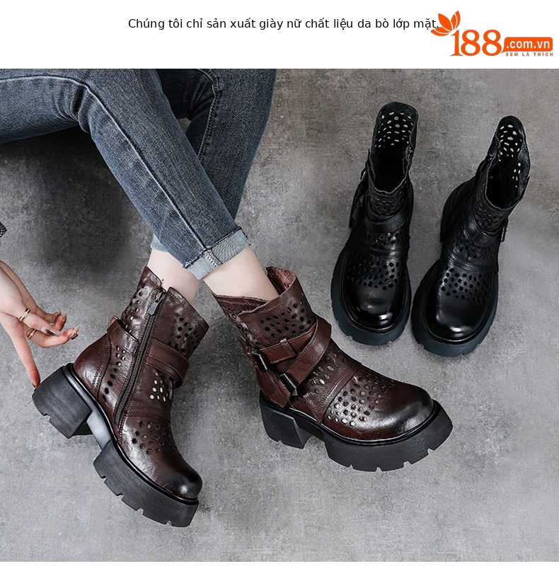 Boot Martin nữ da bò đế dày gót thô họa tiết hoa văn rỗng thoáng khí — Màu nâu chi tiết 2