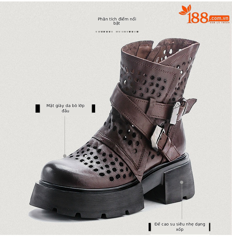 Boot Martin nữ da bò đế dày gót thô họa tiết hoa văn rỗng thoáng khí — Màu nâu chi tiết 3