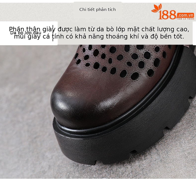 Boot Martin nữ da bò đế dày gót thô họa tiết hoa văn rỗng thoáng khí — Màu nâu chi tiết 4