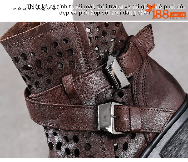 Boot Martin nữ da bò đế dày gót thô họa tiết hoa văn rỗng thoáng khí — Màu nâu chi tiết 5